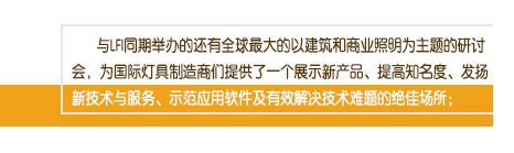 與LFI同期舉辦的還有全球最大的以建筑和商業照明為主題的研討會，為國際燈具制造商們提供了一個展示新產品、提高知名度、發揚新技術與服務、示范應用軟件及有效解決技術難題的絕佳場所；