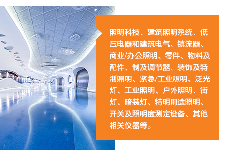 照明科技、建筑照明系統、低壓電器和建筑電氣、鎮流器、商業/辦公照明、零件、物料及配件、制及調節器、裝飾及特制照明、緊急/工業照明、泛光燈、工業照明、戶外照明、街燈、暗裝燈、特明用途照明、開關及照明度測定設備、其他相關儀器等。