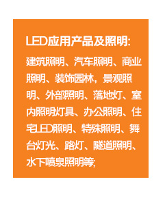 ?	LED應用產品及照明：建筑照明、汽車照明、商業照明、裝飾園林，景觀照明、外部照明、落地燈、室內照明燈具、辦公照明、住宅LED照明、特殊照明、舞臺燈光、路燈、隧道照明、水下噴泉照明等；